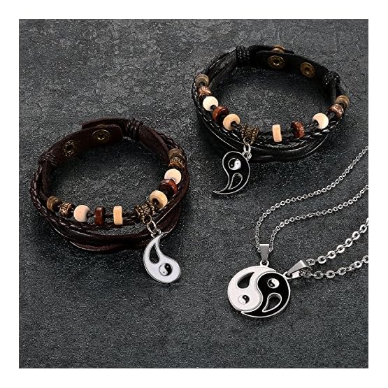 Aroncent 2PCS Pulsera de Cuero Trenzado Brazaletes Enamorados y 2PCS Collares con Colgantes de Yin Yang Tai Chi para… - Imagen 3