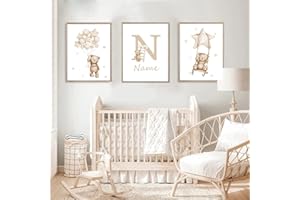 Youihom 3 Affiche Prenom Enfant Illustration Chambre Bebe Garcon Tableau Personnalisé Poster Animaux Ours Beige Toile Murale Deco Cadeau A3 sans Cadre