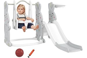 ‎AIYAPLAY AIYAPLAY Rutsche 4-in-1 Kinderrutsche mit Schaukel, Klettergerüst, Basketballkorb, Kinder Spielplatz mit Hasendesign Kleinkinderrutsche für Indoor und Outdoor Kinder von 1,5-4 Jahren Grau