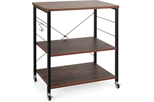 COSTWAY Carrello da Cucina con 10 Ganci Rimovibili, Scaffale per Pasticceria con 3 Livelli, Scaffale con Struttura di Metallo con Ruote Bloccabili per Bar Ristorante Hotel, 60 x 40 x 73,5 cm (Marrone)