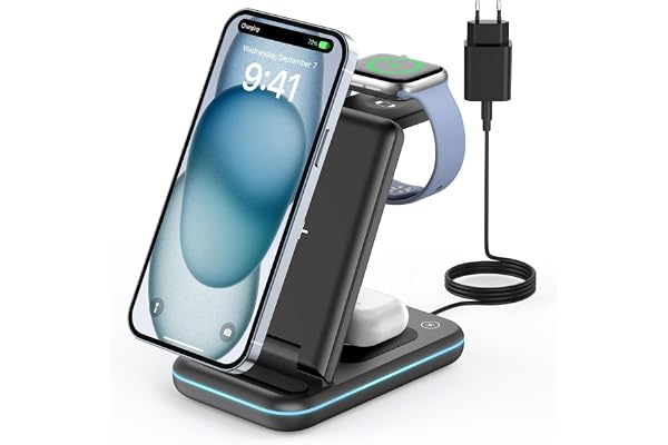 JoyGeek Cargador inalámbrico 3 en 1 Plegable para iPhone 15/14/13/12/11/Pro MAX/X/8, estación de Carga inductiva para iWatch 9/Ultra/SE/8/7/6/5/4, AirPods 2/3/Pro, con Adaptador QC (Negro)