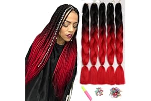 ShowJarlly 5 Packs Ombre Jumbo Braid Hair, Black/Red Kanekalon Hair African Braid Extension, 24inch Box Braid Hair Extensions Synthetic Colorful Hair Extensions for Braiding