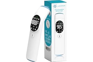 LIFE EVOLVE 20F Thermomètre médical infrarouge MULTIFONCTION 4 en 1: FRONTAL, AURICULAIRE pour tous les âges (bébé, enfant, adulte), mode MAISON pour objet ou pièce, sans contact, hygiénique