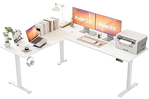 Agilestic Biurko w kształcie litery L z regulacją wysokości o wymiarach 190 x 155 cm, ergonomiczne biurko komputerowe do pracy na stojąco i siedząco, przeznaczone do pomieszczeń narożnych, biały