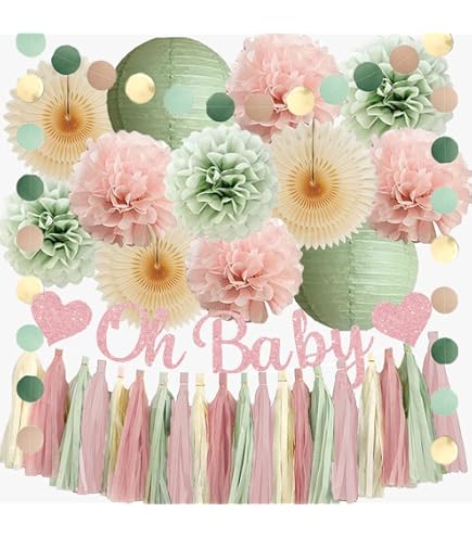 Kit Décoration Anniversaire Vert Sauge Et Rose Poudré - Éventails, Pompons, Lanternes, Bannière 'Happy Birthday' - Pour Fille, Femme, Fête élégante