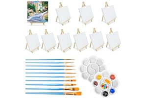 32Pcs Mini Easels with Art Canvas, BOJVESH 10 Small Artist Triangle Easels with 10 Canvas, 10 Paint Brushes and 2 Paint Palette, Canvas Painting Stand Kit for Party Drawing