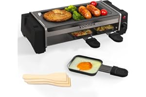 ‎VOOHEK Raclette 2 Personen Raclette Grill Mini 3 Pfännchen 3 Holzspatel Tischgrill Elektrisch Korean BBQ Grill Elektrogrill Antihaftbeschichtete Grillplatte 700 Watt, Schwarz