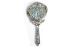 ANTIQUE ALIVE Mother of Pearl Princess Black Cosmetic Makeup Hand Held Mirror with Butterfly Design