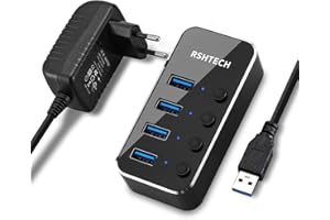 ‎RSHTECH RSHTECH USB Hub Aktiv 3.0 mit Netzteil, USB 3.0 Hub Aktiv mit 4 Ports USB Verteiler 3.0 Datenhub mit 10W(5V/2A) Netzteil und Einzelne Schalter, für die Datenübertragung, Leichter und Tragbarer