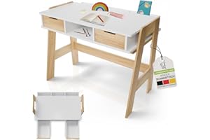 ‎JUSKYS Juskys Kinderschreibtisch Fietje - Höhenverstellbarer Schreibtisch für Kinder, aus Holz, mit 2 Schubladen und viel Stauraum - Lerntisch in Weiß