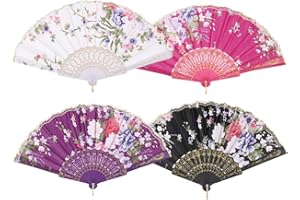 saerryor 4 Pack Hand Folding Fans,Hand Held Chinese Fan,Silk Fabric Golden Embroidered Edge Folding Fans,Folding Hand Fan for Wedding,Gifts,Performance,Dancing,Home Decoration