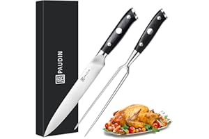 PAUDIN Carving Knife and Fork Set, Meat Carving Knife Set German High Carbon Stainless Steel, Turkey Knives with Ergonomic Handle, Full Tang Professional Brisket Knives for BBQ