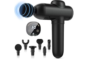 TIAZHAN Pistola de masaje muscular, 30 niveles de velocidad, 6 cabezas de masajeador de percusión para aliviar el dolor muscular, modelado corporal con pantalla táctil LCD, negro profundo