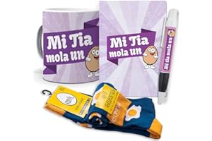 MUNDOHUEVO Super Regalo Personalizado para tias. Mi Tia Mola un Huevo. Taza, libreta, boli y Trio de Calcetines