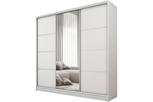 ‎BROMARKT BROMARKT Schwebetürenschrank 250 cm Breit - Kleiderschrank mit Spiegel - Schrank mit Schubladen und Regalen - Kleiderschrank mit Schiebetüren - Matt - Weiß & Silber