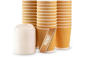 FOOGO Green 25pcs 8oz Disposable Strong Triple-Wall Brown Paper Coffee Cups with Secure Lids, FSC® Certified, Fully Compostable, for Hot Drinks, Takeaway and Parties