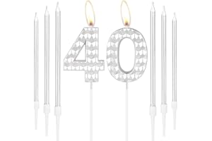MCISKIN 40th Birthday Candles, Girls Boys 40th Birthday Decorations, Silver Birthday Number 40 Candles, Happy Birthday Candle, Silver Cake Candles Topper for Women Men Birthday Party Wedding Anniversary