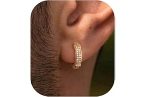 PRTGL Mens Earrings - 14ct Gold Plated/White Gold Plated Silver Cubic Zirconia Huggie Hoop Earrings