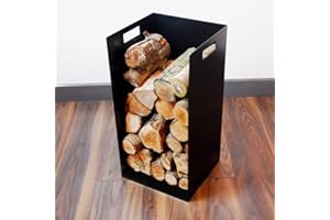Volcann Compact 62cm Tall Steel Firewood Log Rack - Fireplace Wood Holder Metal Basket with Handheld, Storage for Woodstove, Fireside Accessories (Black)