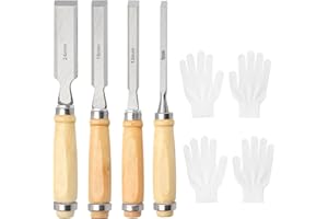 APOMOONS 4 Stück Stechbeitel Set für Holz 6, 12, 18, 24mm Scharfes Stecheisen Holzmeißel Set für DIY Holzbearbeitung Holzschnitzerei mit Holzgriffe Schlagkappe 2 Paar Handschuhe und Tragetasche