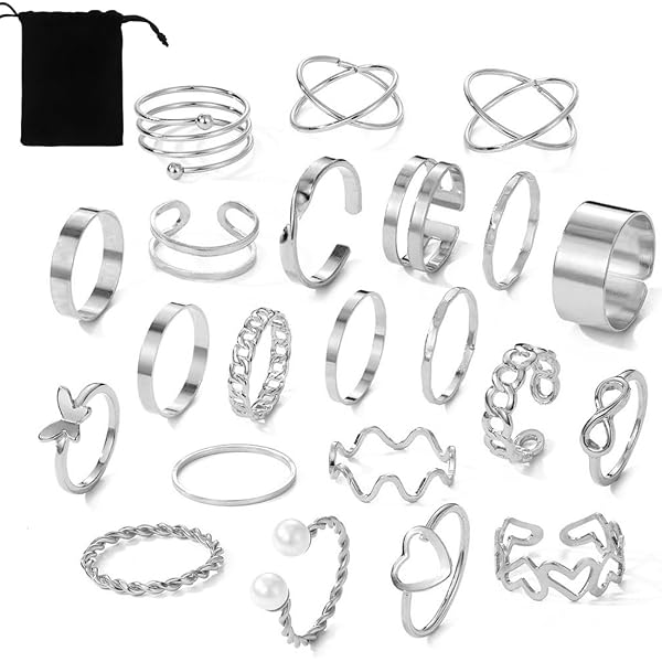 Set 15 Anelli Regolabili Donna - Acciaio Inossidabile Aperti Punk Argento - Foto 10