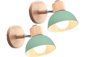 iDEGU 2 Pezzi Lampade da Parete Retrò Vintage Applique da Parete Interno in Metallo e Legno Moderne Faretto a Muro Orientabile E27 Luce da Camera da Letto Soggiorno (Verde)