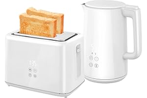 HOMCOM Ensemble bouilloire et grille-pain 2200 W, bouilloire en inox 1,5 L avec isolation et grille-pain 2 tranches, 7 niveaux de brunissage, décongélation, réchauffage et plateau à miettes, crème