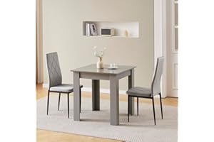 NICEME Compact Dining Table and 2 Chairs, Small Dining Room Set for 2 Seater Kitchen Table with Chairs for Small Space Saving, Glossing Tabletop 75x75 cm (Gray Table, 2 Seats, Velvet Gray #2)
