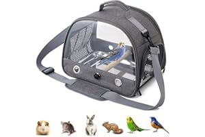 CuteHairy Bird Travel Carrier with Stainless Steel Tray,Lightweight Breathable Parrot Cage with Removable Wooden Stand Stick And Long Shoulder Strap,Bird Cages for Parakeets Budgie Grey