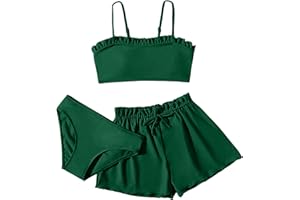 SOLU DAY8 Maillot De Bain 3 Pièces Ado Fille 8-16 Ans Ensemble Maillot De Bain Enfant Fille Débardeur Camisole + Tanga + Short Bikini Fille Chic Pas Cher Plage Océan Natation