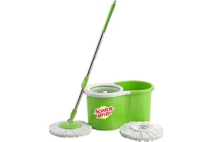 Scotch-Brite Twin Bucket Spin Mop with Easy Wring & Rinse System, 360° Adjustable Handle, High Absorbency Microfiber for Deep Cleaning on All Floor Types, 1 Extra Refill (Green)