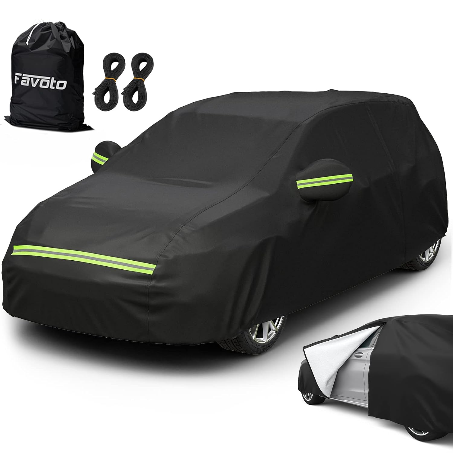 Favoto Telo Copriauto da Esterno Impermeabile Anti UV con Interno Felpato | Telo Copri Auto per Berlina 2 Volumi Protezione Pioggia Neve Polvere Strisce Riflettenti Cerniera Porta, 435x180x160cm