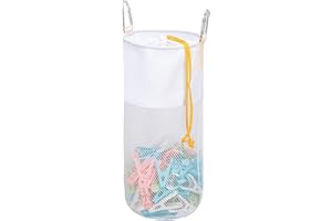 GNEGNI LIFE Pegs Bag, Mesh Clothes Pegs Bag for Washing Line with Hook Drawstring Hanging Clothespin Bag Portable Breathable Pegs Holder Bag,Holds Up to 300 Pegs(White)