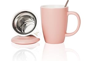Candiicap Tazza da Tè in Ceramica con Infusore, Cucchiaio e Coperchio, 385ml, Tazza con Filtro da Tè Grande per Tè, Caffè, Latte-Adatto al Microonde e alla Lavastoviglie (385ml,Rosa Opaco)