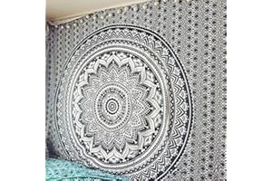 Bless International Indian Traditional Mandala Hippie Wall Hanging, Cotton Tapestry Ombre Bohemian Bedspread (Twin (54x72 Inches)(140x185 Cm), Grey/Black)