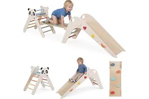 COSTWAY klättringstriangel för inomhusbruk 3-pack, fällbart klättringstriangel med rutschkana, ramp, klätterstege, inkl. byggstenssats, träklätterställe, ribbstångstriangel för barn från 3 år (Macaron