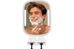 SHOWVIGOR Heated Shower Mirror Fogless for Men, Rechargeable Anti-Fog Shaving Mirror No-Drilling -Adjustable Dimmable Lights with 2 Razor Holders & Detachable Adhesive Hook Waterproof for Bathroom(White)