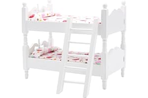 DORCCSI Meubles De Maison De Poupée en Bois Lit Superposé De Poupée Échelle 1:12 Lit De Maison De Poupée en Bois avec Échelle Et Literie Florale Lit De Poupée Réaliste Meubles De Maison De Poupée pour