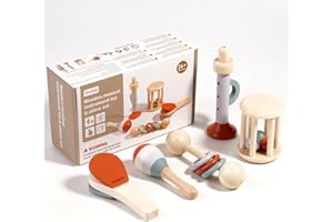 VEFACION Musikinstrumente für Kinder 5 Stück Holzspielzeug Montessori Spielzeug Trompete,Kastagnetten,Maracas,Käfigrasseln,Ringrasseln Baby Musikspielzeug ab 1 2 3 Jahre