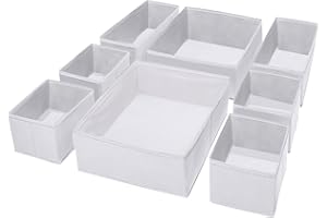 Puricon 8 Pezzi Organizer Cassetti Armadio, Contenitori per Armadio Salvaspazi in Tessuto, Divisori per Cassetti, Pieghevole Organizzatore Armadio per Vestiti Reggiseni Mutande Calzini- Bianco