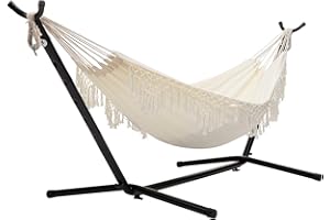BEJOY Hamaca Doble con Soporte, Tela de algodón Extra Grande y Marco de Acero Ajustable de Alta Resistencia para Interior y Exterior, jardín, Camping, Camping, Patio, Cama