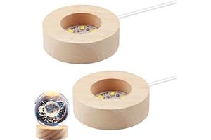 QTMMC 2 Pack Wooden LED Light Base Wood Light Display Base Stand Round Wooden Lighted Base for 3D Crystal Ball Laser Glass Resin Art Warm Color Light USB Cable with Switch 6 x 6 cm Round