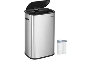 SONGMICS Poubelle de Cuisine Automatique 50L, avec Couvercle à Fermeture en Douceur, Anneau de Maintien du Sac, Poubelle en Acier Inoxydable, 15 Sacs Poubelles Inclus, Argent LTB610E50