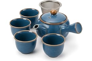 ‎GOODWEI Japoński zestaw do herbaty Kyusu z niebieskiej ceramiki – czajniczek 320 ml z bocznym uchwytem z sitkiem ze stali nierdzewne + 4 filiżanki 110 ml – idealny do herbat Sencha i Gyokuro (Umi)