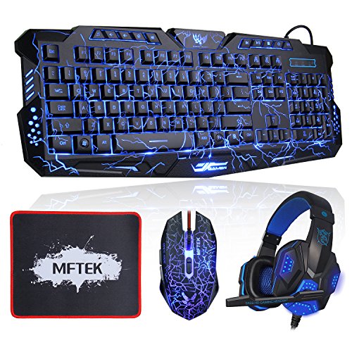 Gaming Tastatur und Maus Set with Gaming Headset, MFTEK Gaming Tastaturen (US Layout, 3 Farben, USB) + Gaming Mouse (4 Farben, USB) + Gaming Headphone Kopfhörer + Professional Gaming Mousepad für PC Gamer
