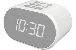i-box Alarm Clocks Bedside, Radio Alarm Clock, Mains Powered or Battery, FM Radio, USB Charging Port, 5 Step Dimmable Display, Non Ticking, LED Display (White)