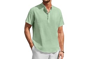 Enlision Camicia Uomo di Lino Cotone Maniche Corte Camicie Collo Coreana Casual Estiva Elegante Maglietta Serafino Tinta Unita vestibilità Ampia S-4XL