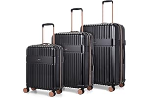 Rock Selene Set of 3 Hard Shell Suitcases in Black - Elegant Design, 360 Swivel-Wheels, Telescopic Handle, Metallic Finish with Copper Accents & TSA Combination Lock - Small, Medium & Large