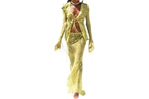 FeMereina Women's 2 Piece Dress Outfit Long Sleeve Tie-up Front Sheer Mesh Cardigan Tops Bodycon Maxi Long Skirts Streetwear