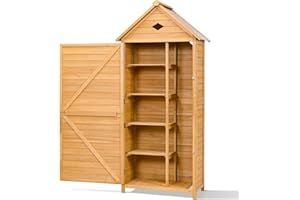 GOPLUS Armoire de Jardin 5 Étagères pour Rangement Outils Extérieur, Cabane pour Jardin en Bois de Sapin, Toit Imperméable, 70 x 35,5 x 176 CM, Naturel